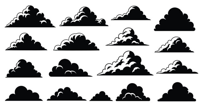 Collection of sixteen diverse black cloud silhouettes, ranging from fluffy cumulus to dense storm clouds for sky-themed graphic designs.
