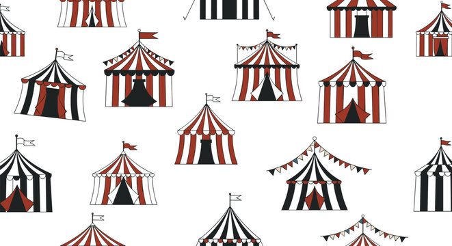 Seamless pattern of vintage circus tents with red and white stripes and black accents scattered over a clean white background for event design.