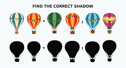 Obraz premium Educational shadow matching game for children featuring colorful hot air balloons in various patterns and their corresponding black silhouettes.