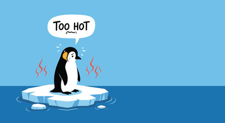 Sad sweating penguin standing on a tiny melting ice floe in a vast ocean representing the urgent issue of global warming and climate change.