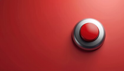 Red button with silver trim on red surface. This simple object represents alert alarm trigger or start action. Clean design for safety or tech themes.
