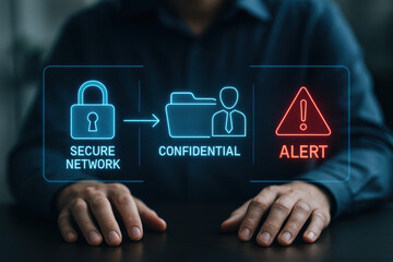 Security confidential alert network secure holographic interface to detect insider threat showing confidential file transfer with urgent warning and concern