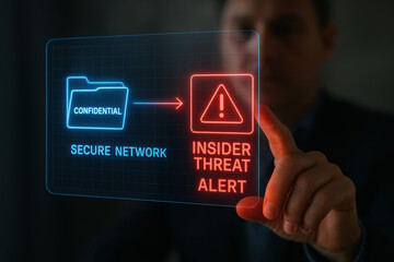 Security risk threat confidentiality alert insider — Holographic interface shows confidential file moved to secure network triggering urgent insider threat alert for enterprise