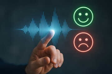 Sentiment analysis happy sad soundwave green Interactive interface showing a hand gesture controlling a holographic waveform and neon emoticon feedback expressing emotion and user