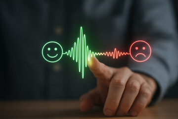 Sentiment analysis soundwave happy sad green A person to touch a holographic waveform connecting a smiling green face and a sad red face conveying emotional transition and insight