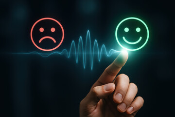 Sentiment emotion mood feedback wellbeing A hand to touch a holographic sound wave linking a red sad face and a green happy face conveying emotional change and user interaction