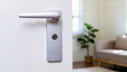 A white door with a silver handle is partially open revealing furniture and a plant inside a room, interior view no background