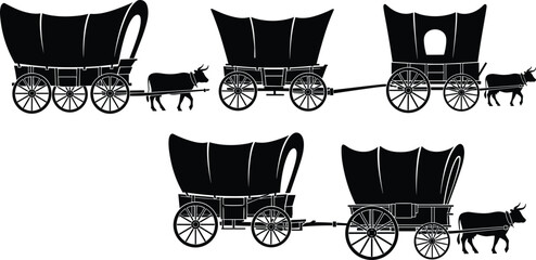 Vintage covered wagon silhouettes with oxen, traditional wooden carts in different views, historical rural transport icons isolated black vector © MstHalima