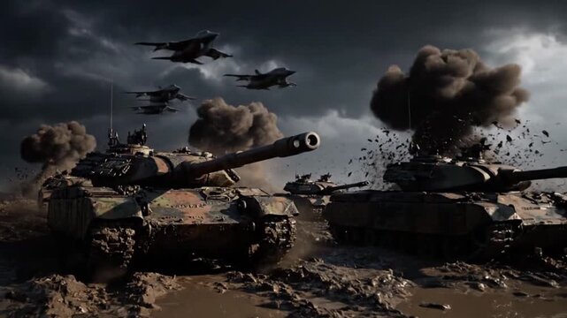 Militaristic combat scene with tanks and aircraft under dramatic stormy skies