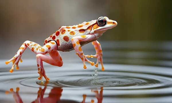 A vibrant frog jumping onto the calm water surface creating ripples from a serene viewpoint