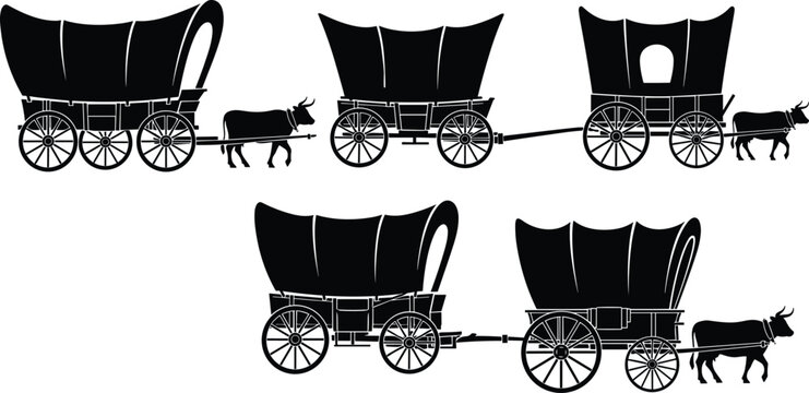Vintage covered wagon silhouettes with oxen, traditional wooden carts in different views, historical rural transport icons isolated black vector