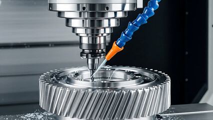 Precision Machining Action, CNC Tooling, Industrial Workshop, Photo, High-Tech Environment, Close-Up View, Manufacturing Process