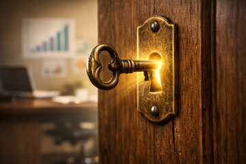 Success opportunity security mystery confidence to unlock an antique key inserted in a wooden keyhole emits golden light opening a door to a modern office evoking determination