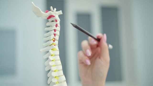 Doctor explaining spinal pain using human spine anatomy model