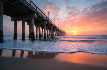 Fototapeta premium Ocean pier at sunset with dramatic orange and pink sky. Waves crash on sandy beach reflecting colorful clouds. Calm water meets shore under long bridge.