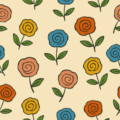 Playful hand-drawn floral pattern featuring colorful spiral flowers with green leaves on a soft beige background, creating a cheerful seamless design for fabric and decor.