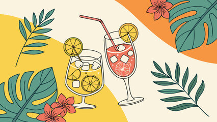 Tropical Summer Cocktails Illustration. Refreshing Drinks with Exotic Leaves & Abstract Shapes. Ideal for Vacation, Party, Beach & Leisure Designs.