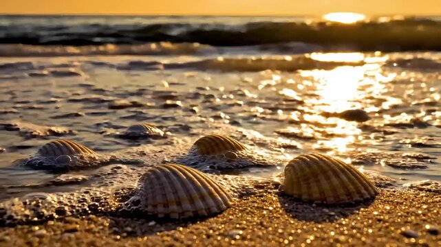 Seashells on sandy beach at sunrise with gentle waves in the background