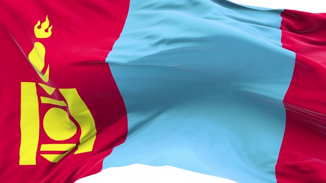 Mongolia flag waving and swirling, looping Close-up camera angle with transparent background, with alpha matte layer for transparency in the background.