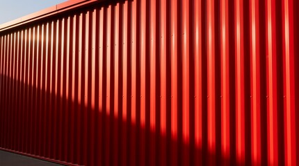 Sunlit red corrugated metal wall with bold diagonal shadow and repeating ribs