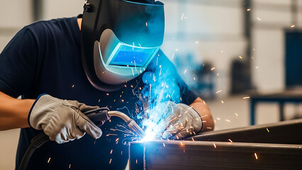 Skilled Worker in Industrial Workshop, Metal Fabrication, Sparks Flying, Professional Environment