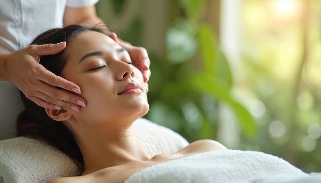 Young Asian woman enjoys relaxing facial massage in serene spa. Masseuse gently applies pressure on face for rejuvenation, beauty care. Natural light filters through rich green plants creating