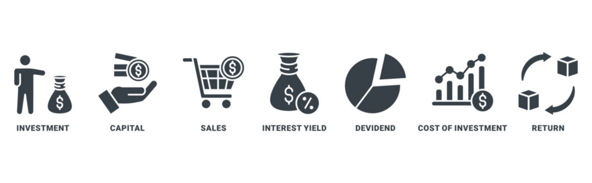 ROI (return on investment) icon set vector concept with icon of capital, sales, interest yield, dividend, cost of investment, return