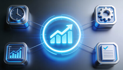 Futuristic digital business growth chart with glowing blue arrow and icons for time management process optimization and financial data analysis on a dark technology background