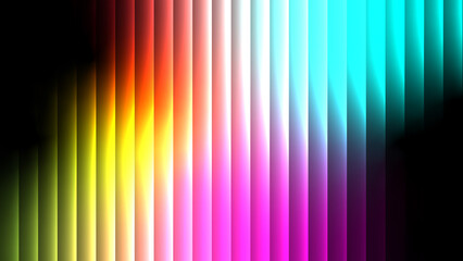 Glossy minimalist fluid 3D render with vibrant rainbow gradient light bars on a black background. Iridescent glass glow, vertical neon streaks, smooth transitions, and a futuristic metallic look.