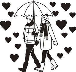 Hand drawn romantic couple walking under umbrella in winter with hearts background.