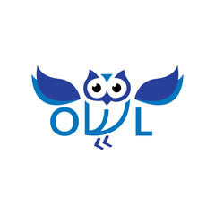 Stylized blue owl logo with creative typography integrating 'OWL' wordmark into the bird's form, perfect for branding related to wisdom, education, or intelligence; a modern graphic design element