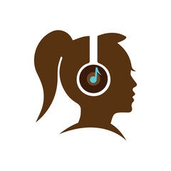 Minimalist graphic icon of a woman's silhouette enjoying music with headphones, featuring a musical note, symbolizing personal audio experience, rhythm, and entertainment