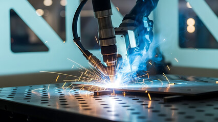 Robotic Welding Action, Industrial Machinery, Factory Setting, Photography, Dynamic Environment, Close-Up View, Precision Engineering