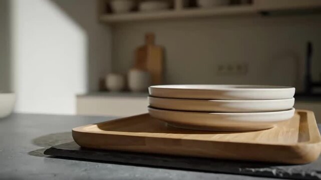 Minimalist Presentation Of Dishes On Wooden Tray In Soft Light Kitchen Setting Stock Video