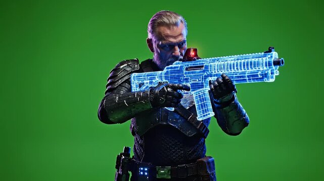 Man in armor holding ice sculpture against green screen