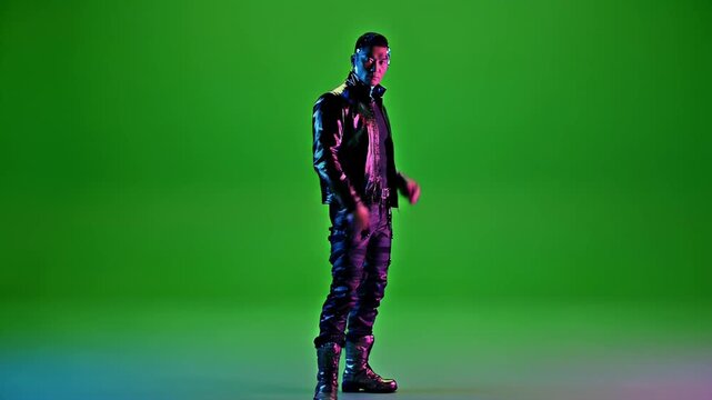 Man in leather jacket walks in front of green screen