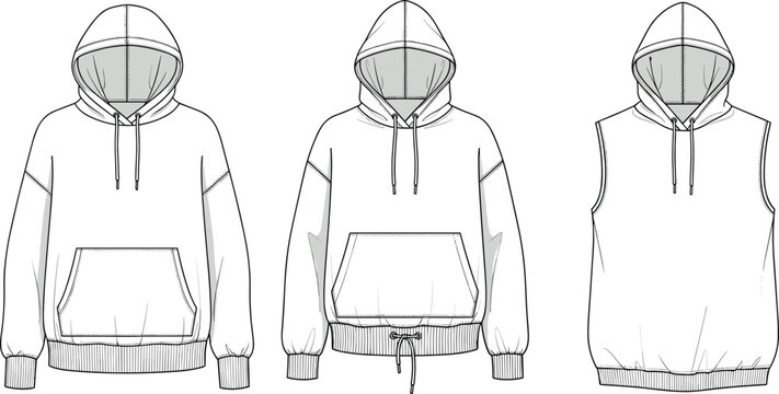 Technical fashion sketch of three oversized hoodie styles featuring long sleeves, a drawstring hem variant, and a sleeveless hooded vest.