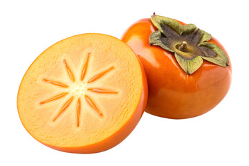 Halved Persimmon Fruit with Star-Shaped Flesh Isolated on White Background