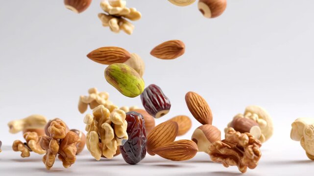 Floating Assorted Dry Fruits and Nuts on Clean White Background