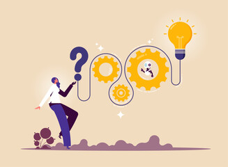 Artificial intelligence AI to help solve problem concept, technology to help, businesswoman holding question mark and AI have answer or idea to solve problem