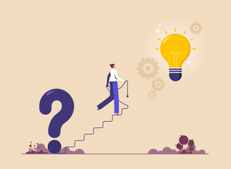 Creativity for business or idea to solve problem, businesswoman build and start walking on electricity line as stairway between question mark and light bulb, creativity to success or goal achievement