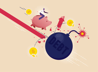 Economic problems and crisis concept, businesswoman with bankruptcy, financial mistake and investment risk and money loss in economic