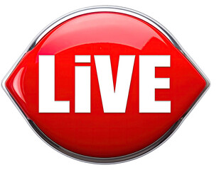 A glossy red button with the white word "LIVE" inside a silver-edged oval