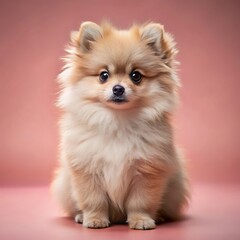 Cute Pomeranian Puppy Sitting on Pink Background
