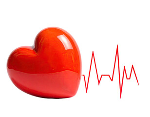 A vibrant red ceramic heart with a pulsating heartbeat waveform against a black background