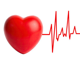 A vibrant red heart shape beside a fluctuating red heartbeat waveform on a black background