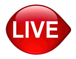 A glossy, red, arrowhead-shaped button with the word "LIVE" in white capital letters