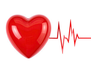 A glossy, red heart with a rhythmic, red heartbeat line against a solid black background