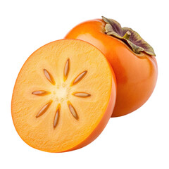 Whole and Halved Persimmon Fruit with Star-Shaped Seed Pattern Isolated on White Background