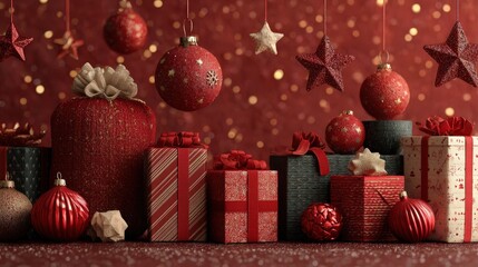 Decorations and gifts on display for a holiday celebration in a room with red backdrop and shiny ornaments
